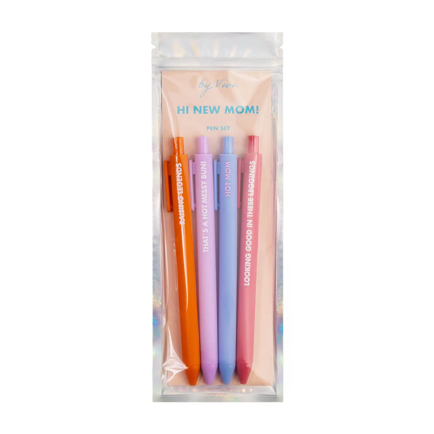 Stifte Set HI NEW MOM! von byVivi mit vier bunten Kugelschreibern in transparenter Verpackung