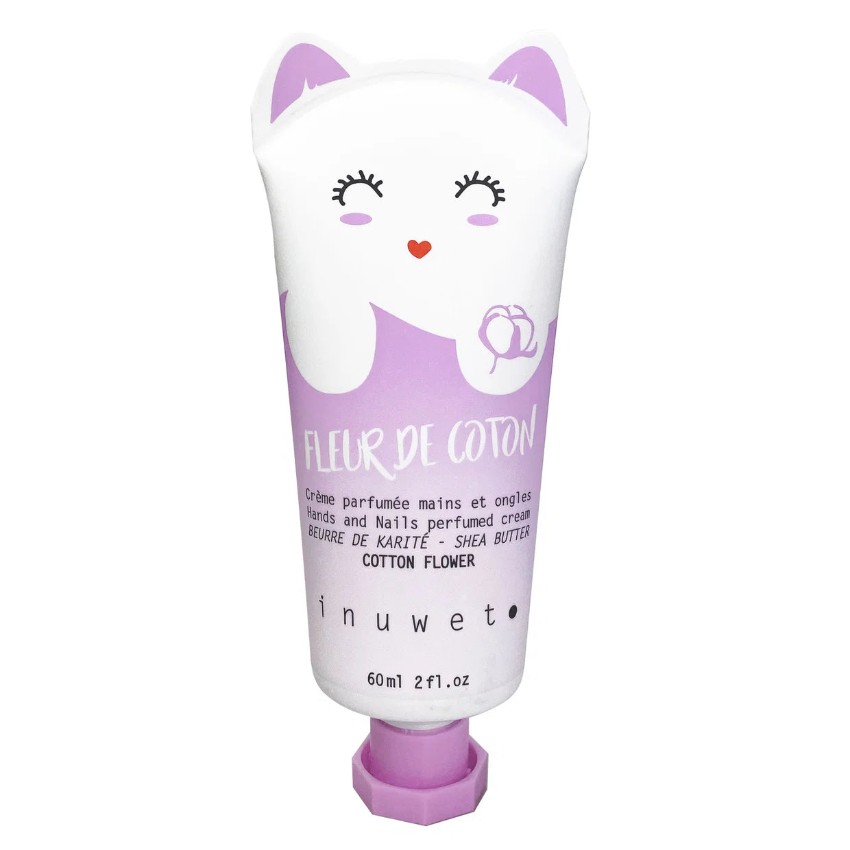 inuwet Handcreme Baumwollblüte Duft in lila Katzenverpackung im typischen inuwet Design