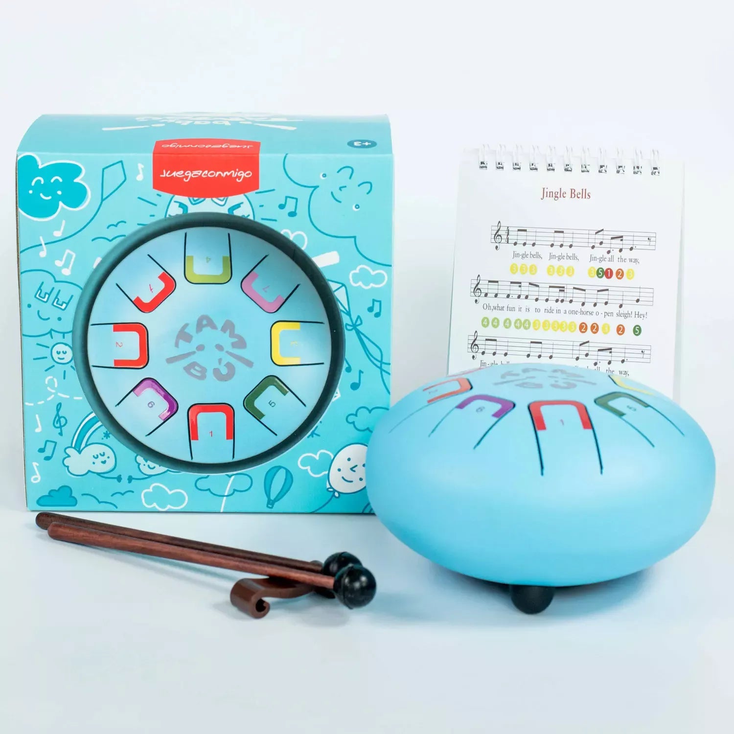 Das Baby Tambu von juegaconmigo mit Aufbewahrungstasche, Trommelstöcken, Trommelstockhalter und Notenbuch zum Aufstellen.