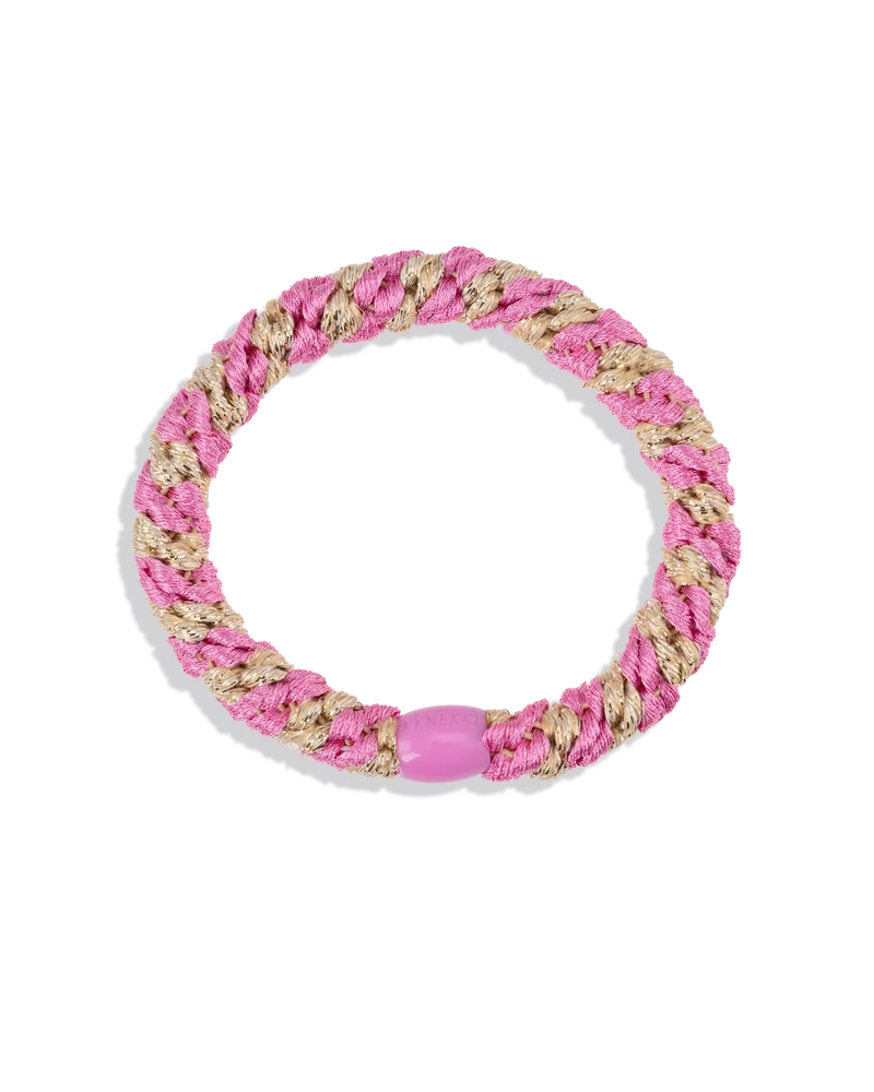 KKNEKKI Haargummi Bubbelgum-Beige Glitter Stripe – pink-beiges, glitzerndes geflochtenes Haargummi als trendiges Armband