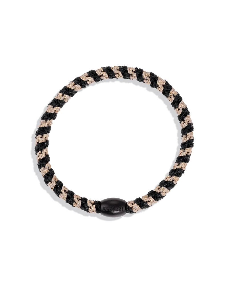 KKNEKKI Haargummi SLIM Black-Beige Glitter Stripe – schmales, schwarz-beiges, glitzerndes Haargummi