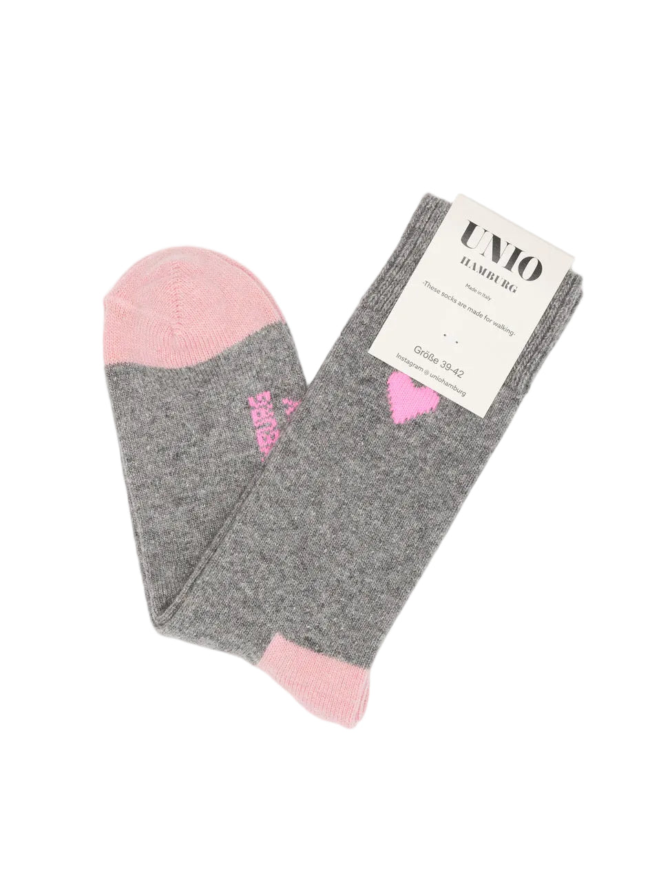 UNIO Hamburg AMORE KASCHMIR Damensocken in Grau mit rosa Spitze, pinkem Herz und Kaschmiranteil