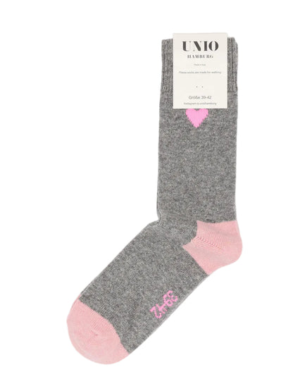 AMORE KASCHMIR Wollsocke von UNIO Hamburg in Grau mit rosa Spitze und Ferse, aus Merinowolle mit Kaschmiranteil