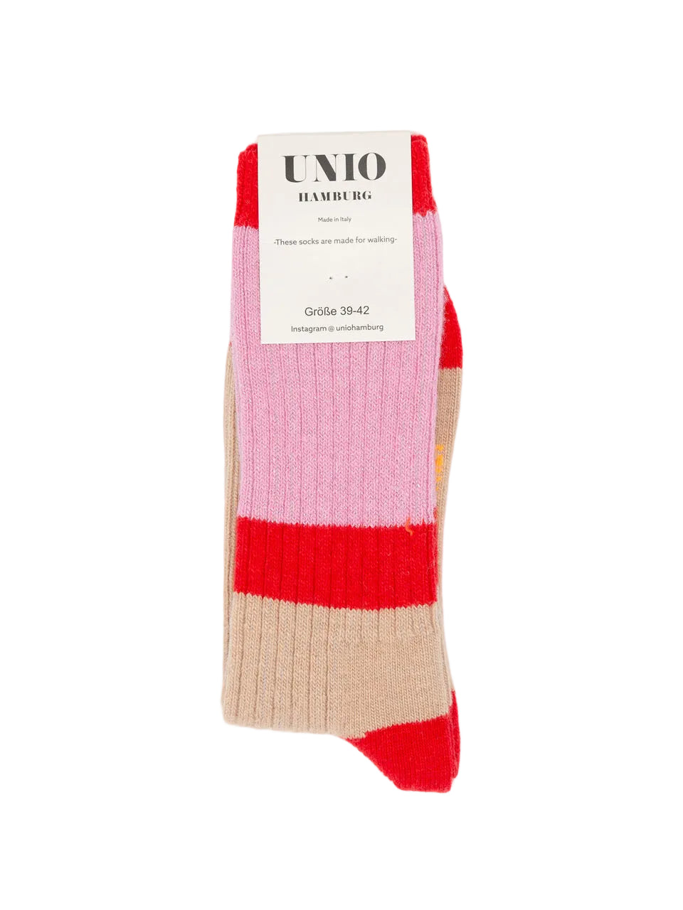 UNIO Hamburg CALM GLITZI Wollsocken in Rot, Rosa und Beige mit Merinowolle, Kaschmir und Glitzerbündchen