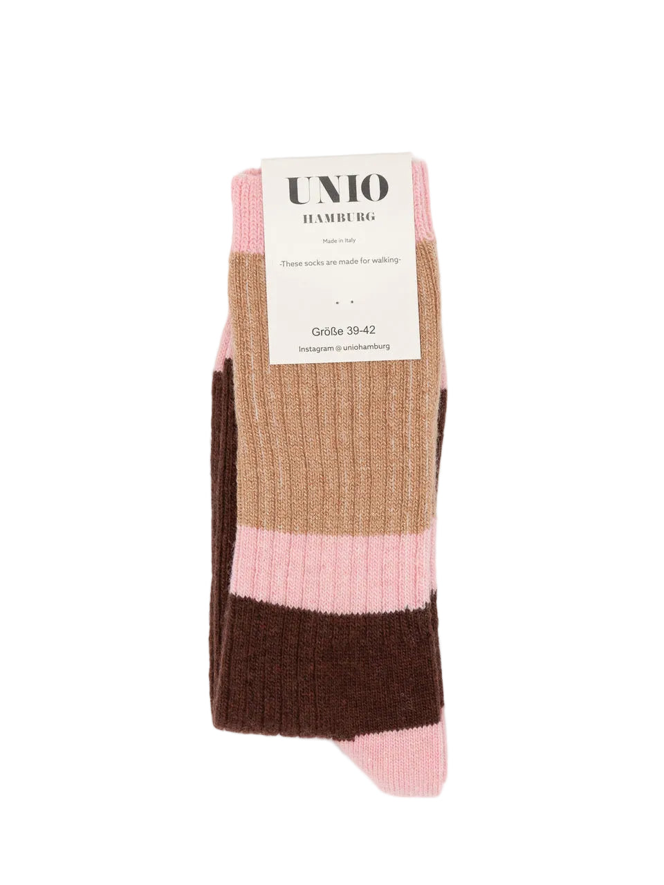 UNIO Hamburg CALM GLITZI Wollsocken in Rosa, Beige und Schokoladenbraun, Detailansicht des gerippten Schafts mit Etikett.