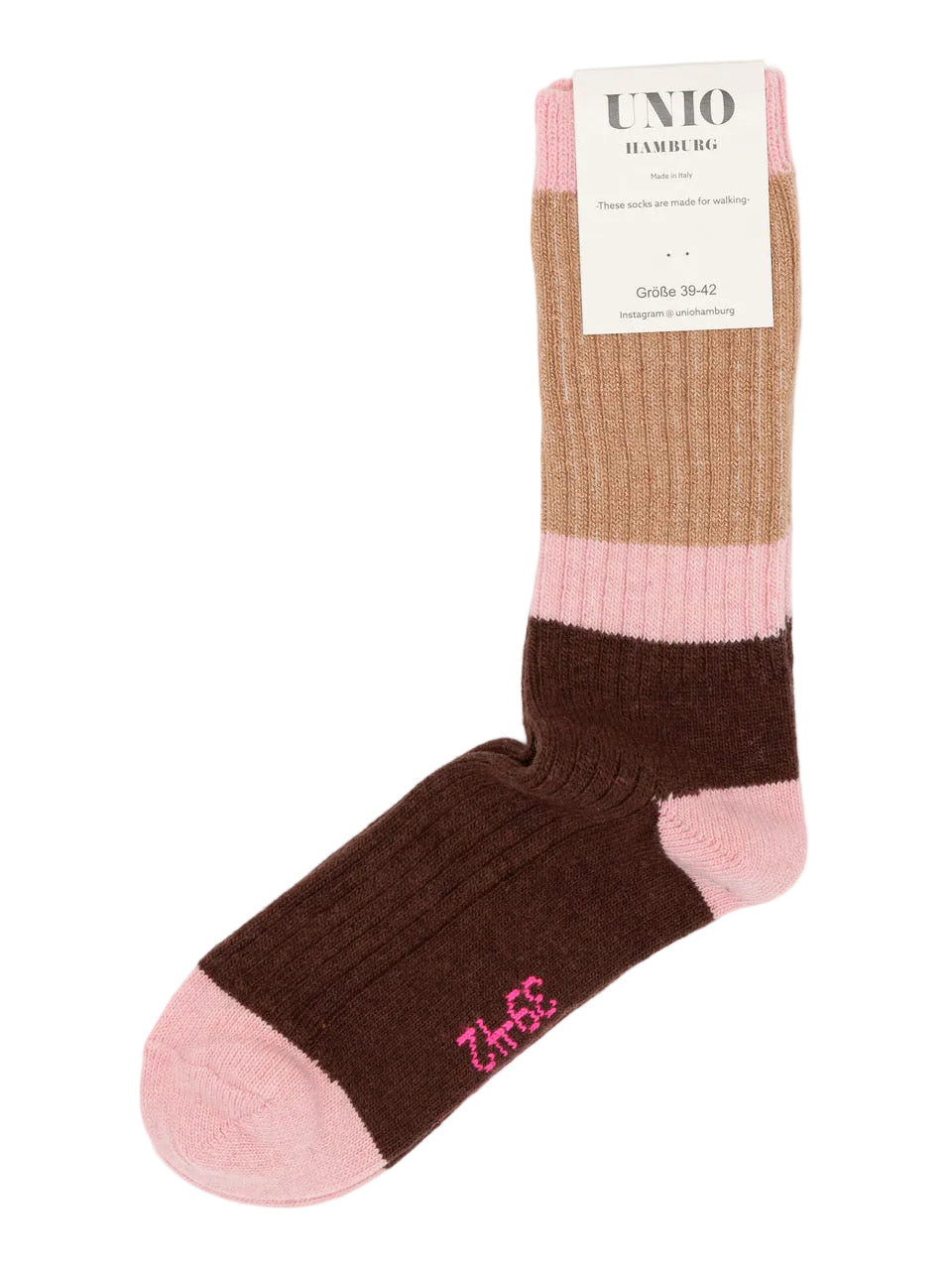 UNIO Hamburg Wollsocken CALM GLITZI in Rosa, Beige und Schokoladenbraun mit Glitzereffekt, vollständige Ansicht mit Etikett.