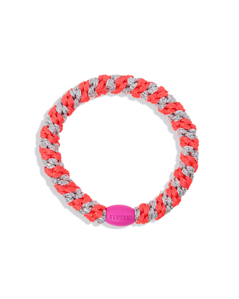 KKNEKKI Haargummi Pink Neon Silver Glitter Stripe – pink-silbernes, glitzerndes geflochtenes Haargummi als trendiges Armband