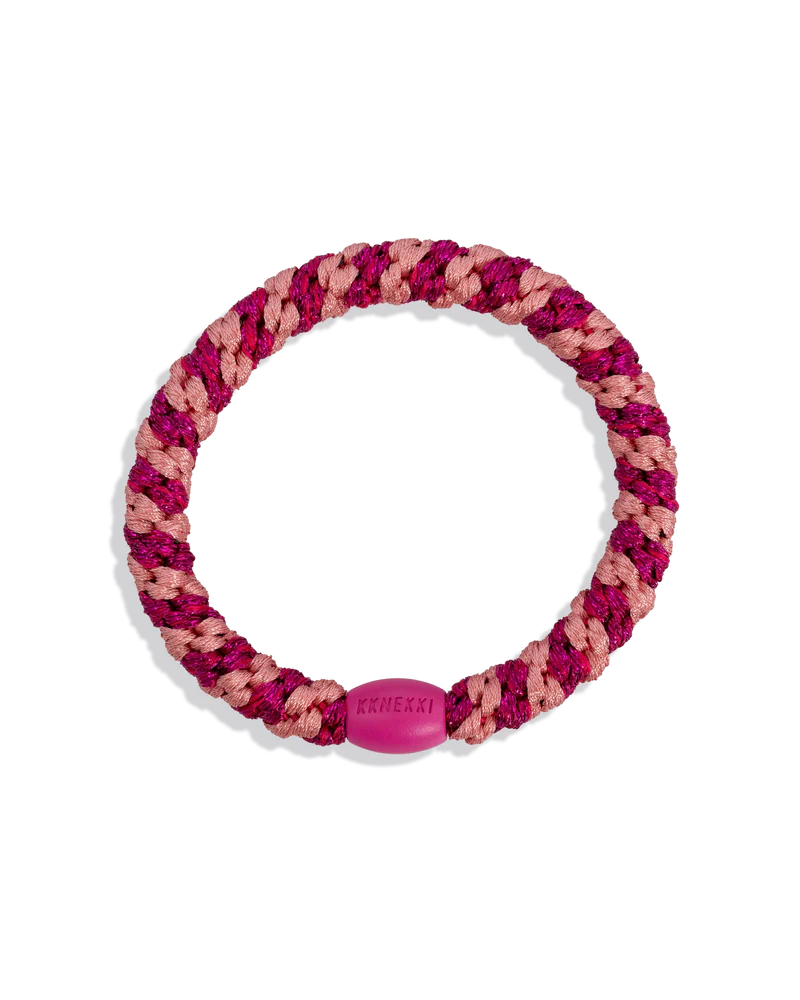 KKNEKKI Haargummi Stripe Faded Rose Electric Pink Glitter – geflochtenes Haargummi &amp; trendiges Armband