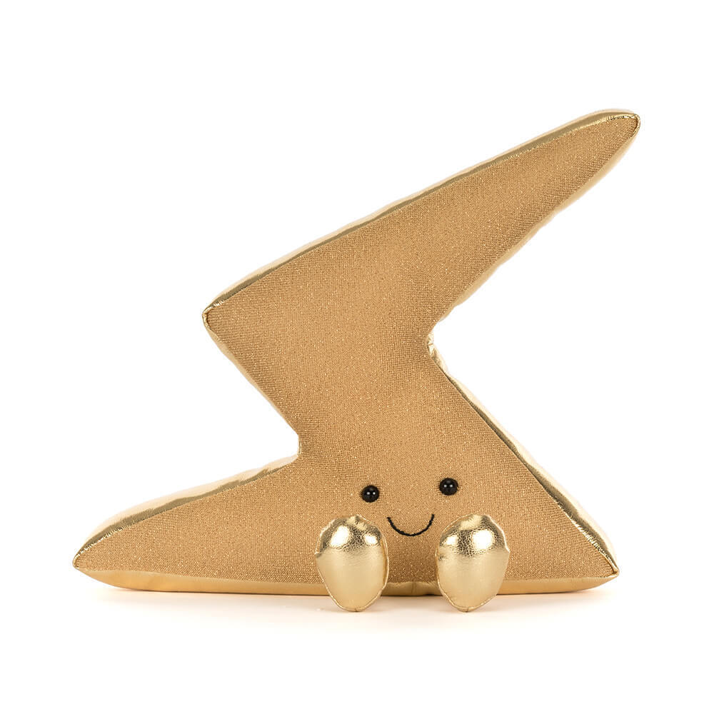Jellycat Amuseables Zapperty Lightning Bolt Kuscheltier als goldener Blitz, lachendem Gesicht und kleinen Beinchen