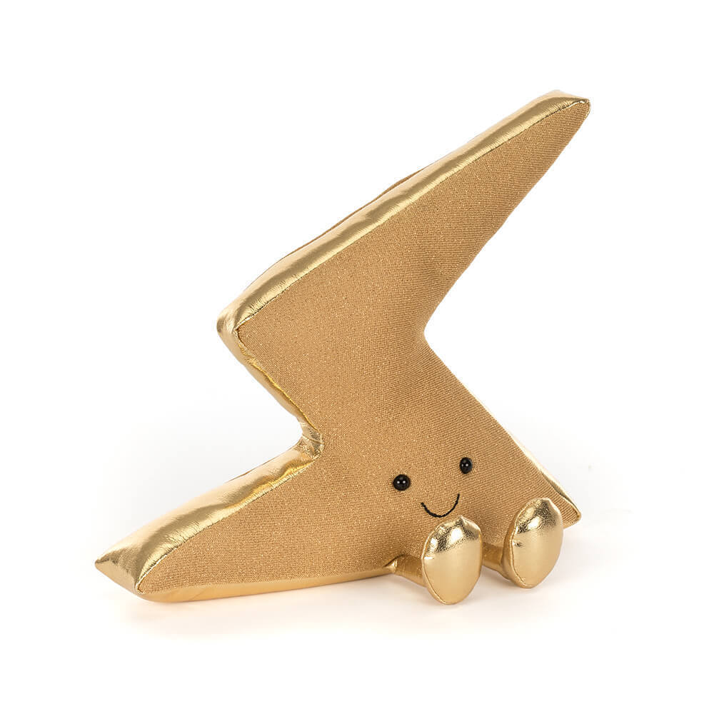 Jellycat Amuseables Zapperty Lightning Bolt Kuscheltier als goldener Blitz, lachendem Gesicht und kleinen Beinchen