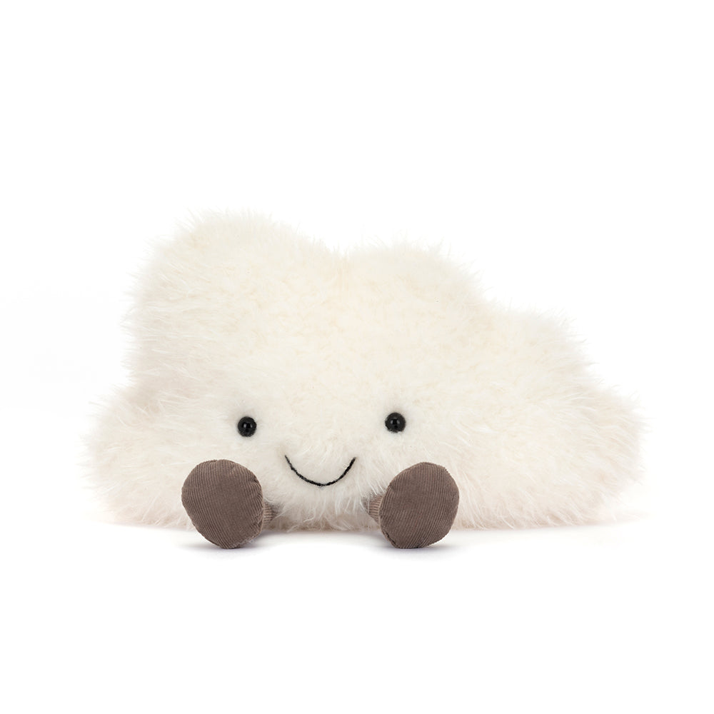 Vorderansicht: Jellycat Stratto Cloud – sitzende weiße Kuschel-Wolke mit lachendem Gesicht, schwarzen Knopfaugen und ausgestreckten braunen Füßchen.