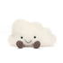 Vorderansicht: Jellycat Stratto Cloud – sitzende weiße Kuschel-Wolke mit lachendem Gesicht, schwarzen Knopfaugen und ausgestreckten braunen Füßchen.