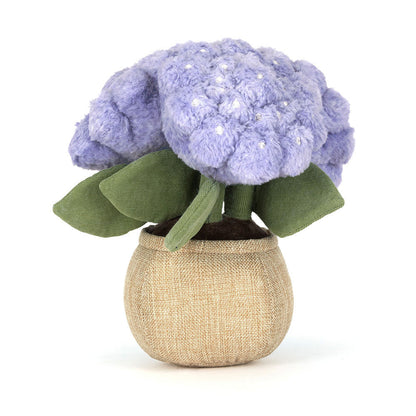 Jellycat Amuseables Hydrangea - Plüsch-Hortensie in lila/violett im braunen Topf mit lächelndem Gesicht und ausgestreckten Füßen
