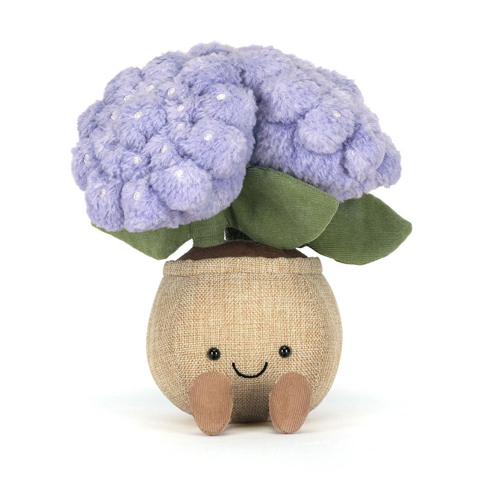 Jellycat Amuseables Hydrangea - Plüsch-Hortensie in lila/violett im braunen Topf mit lächelndem Gesicht und ausgestreckten Füßen