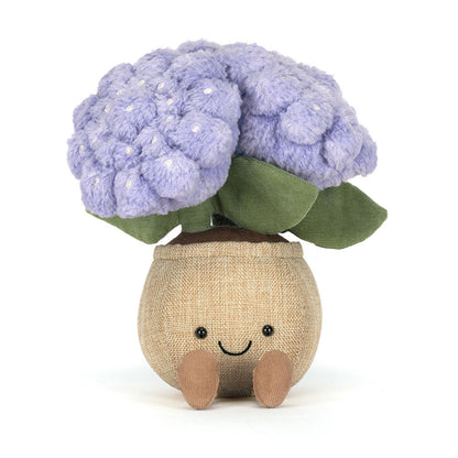 Jellycat Amuseables Hydrangea - Plüsch-Hortensie in lila/violett im braunen Topf mit lächelndem Gesicht und ausgestreckten Füßen