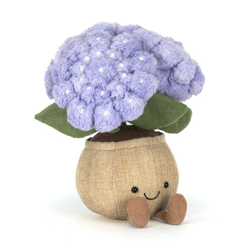Jellycat Amuseables Hydrangea - Plüsch-Hortensie in lila/violett im braunen Topf mit lächelndem Gesicht und ausgestreckten Füßen