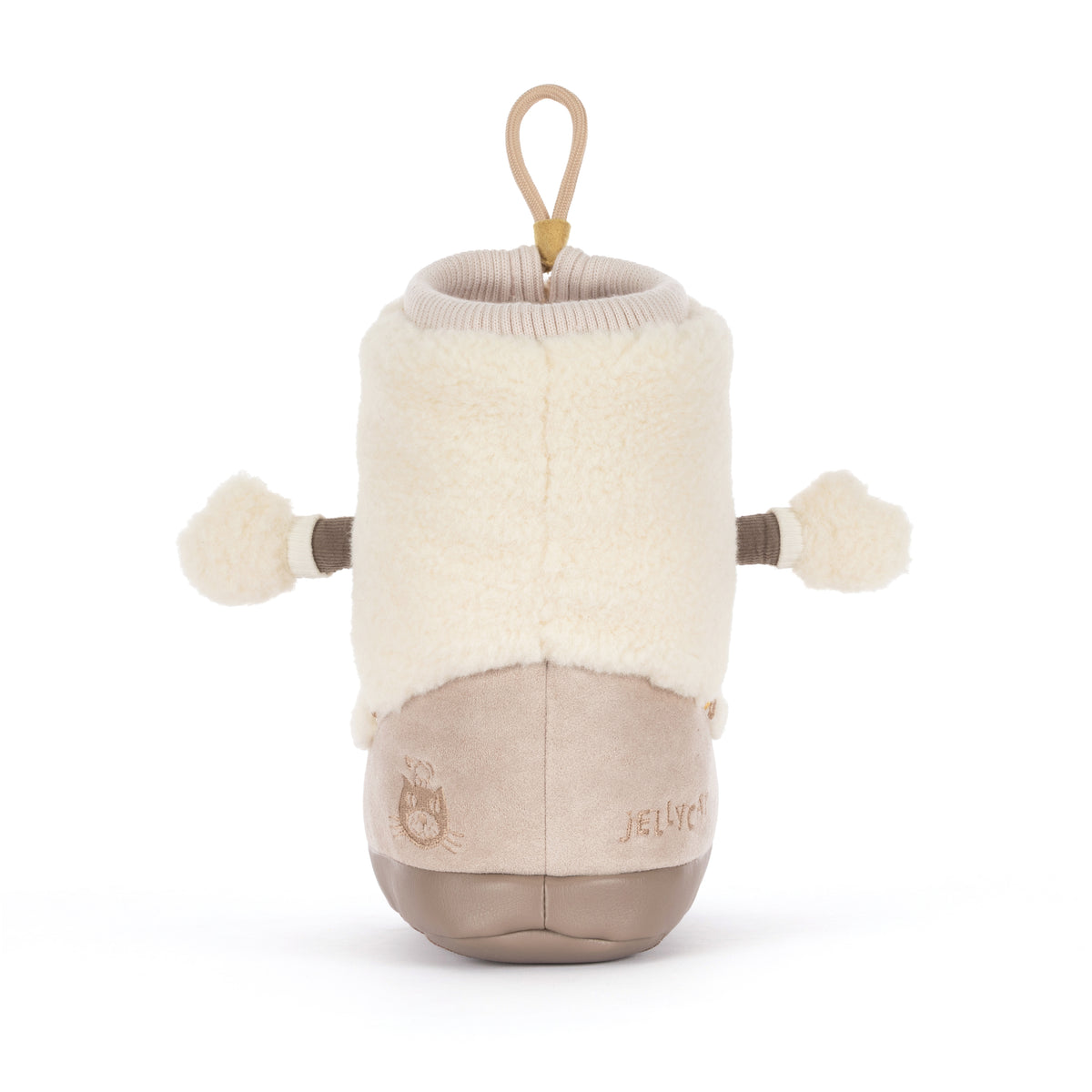 Jellycat Amuseables Perta Snow Boot in Beige mit goldener Schlaufe, Fäustlingen von hinten