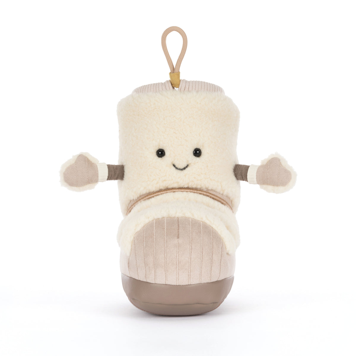 Jellycat Amuseables Perta Snow Boot in Beige mit goldener Schnürung, Fäustlingen und lachendem Gesicht von vorne