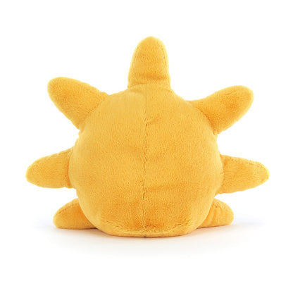 Rückansicht: Jellycat Amuseables Sun – sitzende gelbe Kuscheltier-Sonne mit lachendem Gesicht, schwarzen Knopfaugen und ausgestreckten braunen Füßchen.