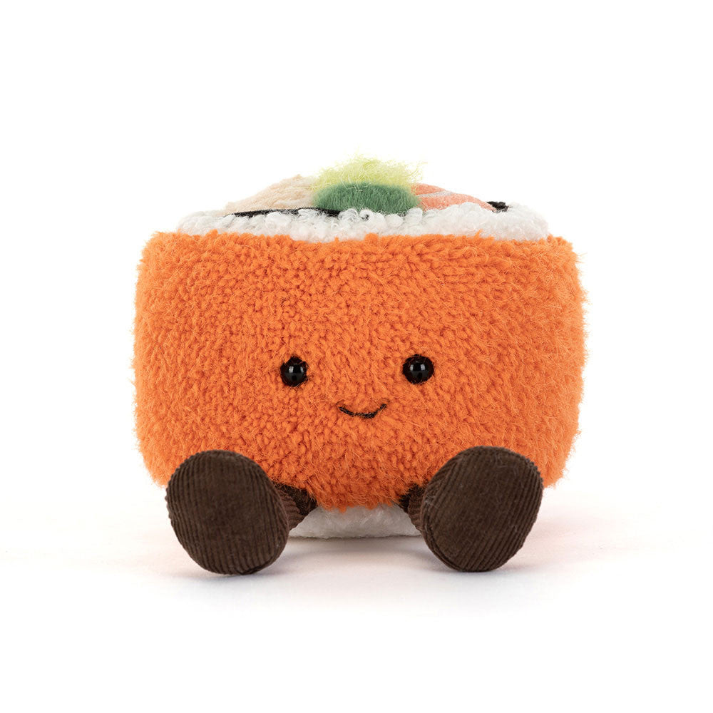 Jellycat Amuseables Codhi Californian Roll mit fröhlichem Gesicht und kleinen Beinchen, Sushi als Kuscheltier