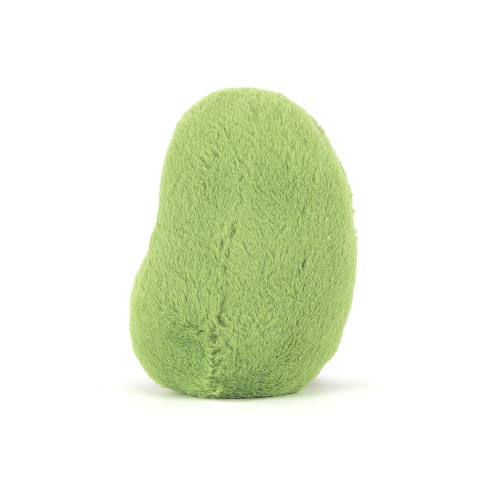 Grüne Jellycat Edamame-Plüschfigur mit freundlichem Gesicht, weichem Stoff und verspieltem Design in Form einer Sojabohnen-Schote.