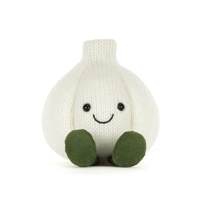 Jellycat Amuseables Garlic Plüsch-Knoblauch aus Ecru-Strickstoff mit grünen Feincord-Füßen und Lachgesicht