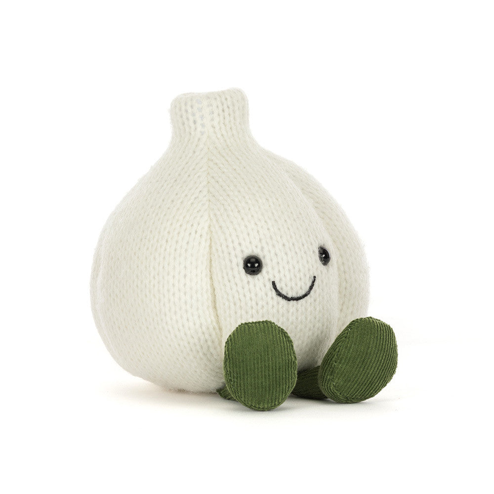 Jellycat Amuseables Garlic Plüsch-Knoblauch aus Ecru-Strickstoff mit grünen Feincord-Füßen und Lachgesicht