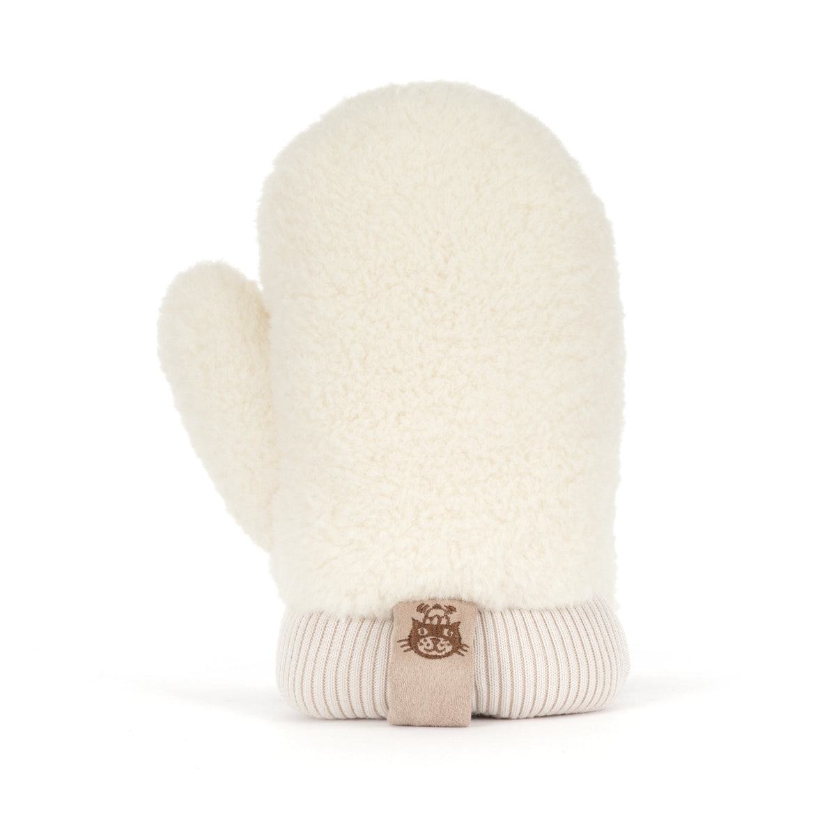 Jellycat Amuseables Fitswell Mitten Fäustling in Beige von hinten mit weißem Teddystoff und Jellycat Logo