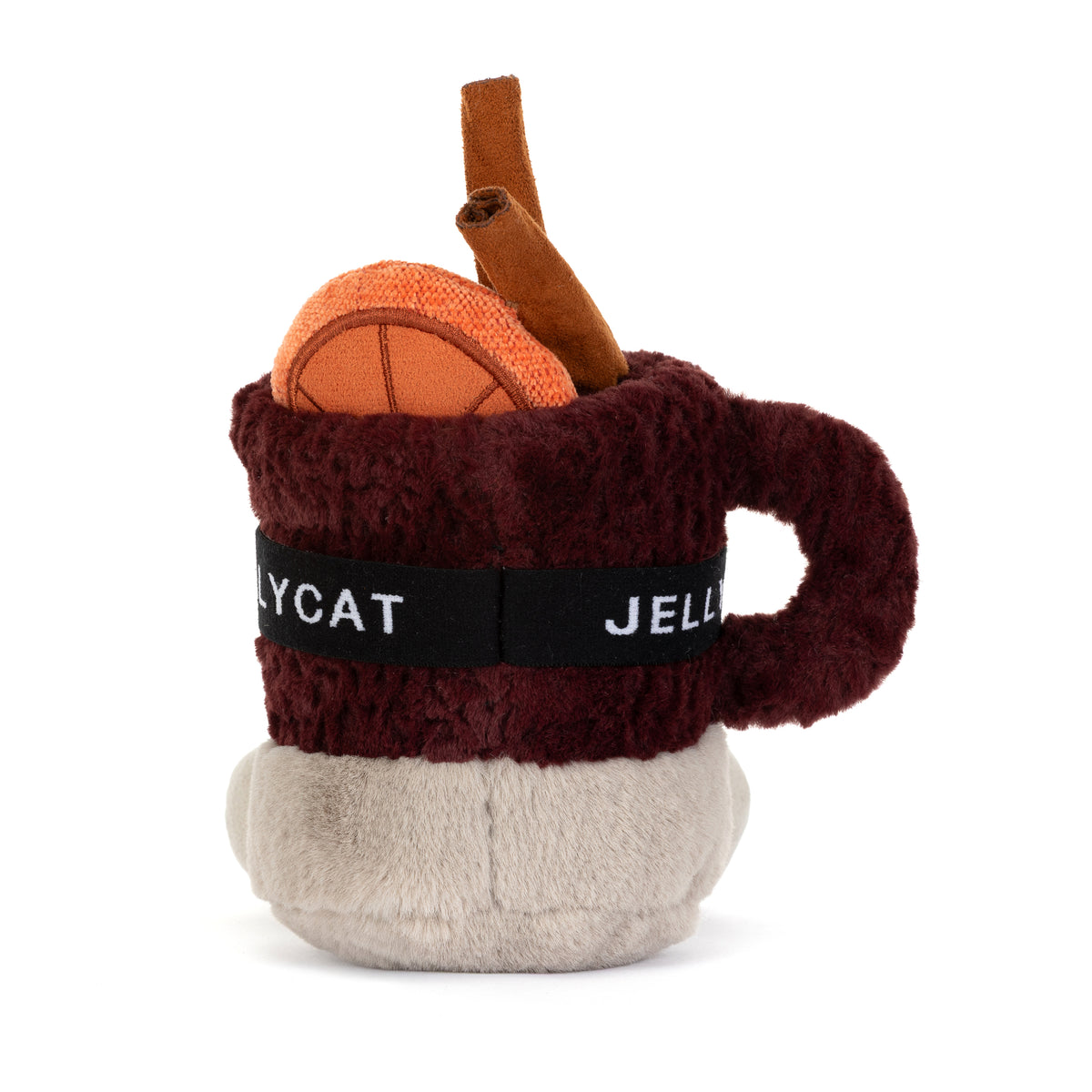 Jellycat Amuseables Mullover Spiced Drink sitzend, Zimtstange, Orangenscheibe und Jellycat-Schriftzug auf dem Skibrillenband von hinten
