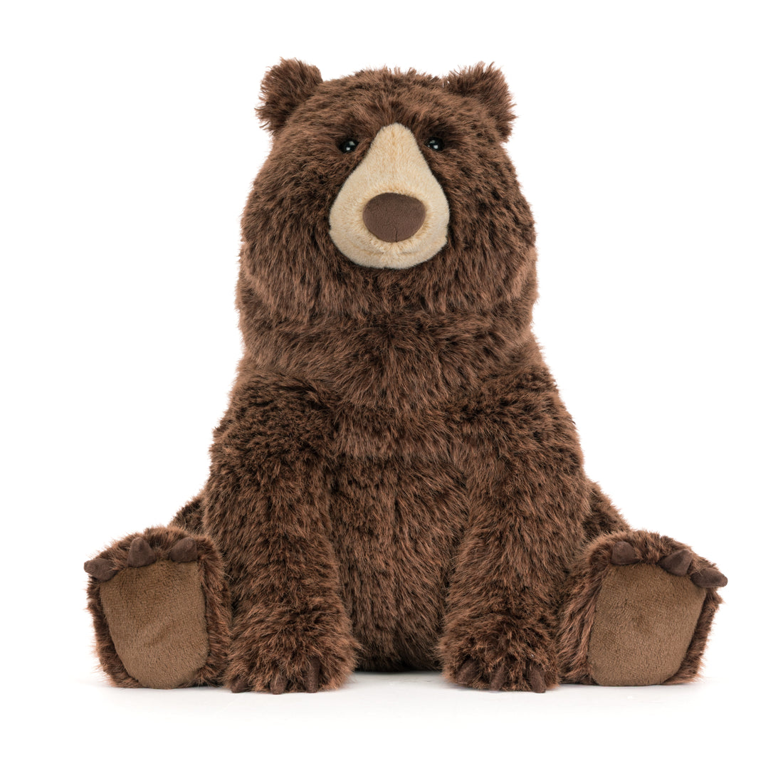 Jellycat Bizzlestomp Bear, großer flauschiger Bär mit freundlichem Gesicht und großen Tatzen, sitzend von vorne