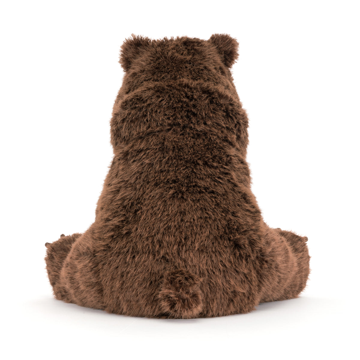 Jellycat Bizzlestomp Bear, großer flauschiger Bär mit großen Tatzen und kleinem Schwanz, sitzend von hinten