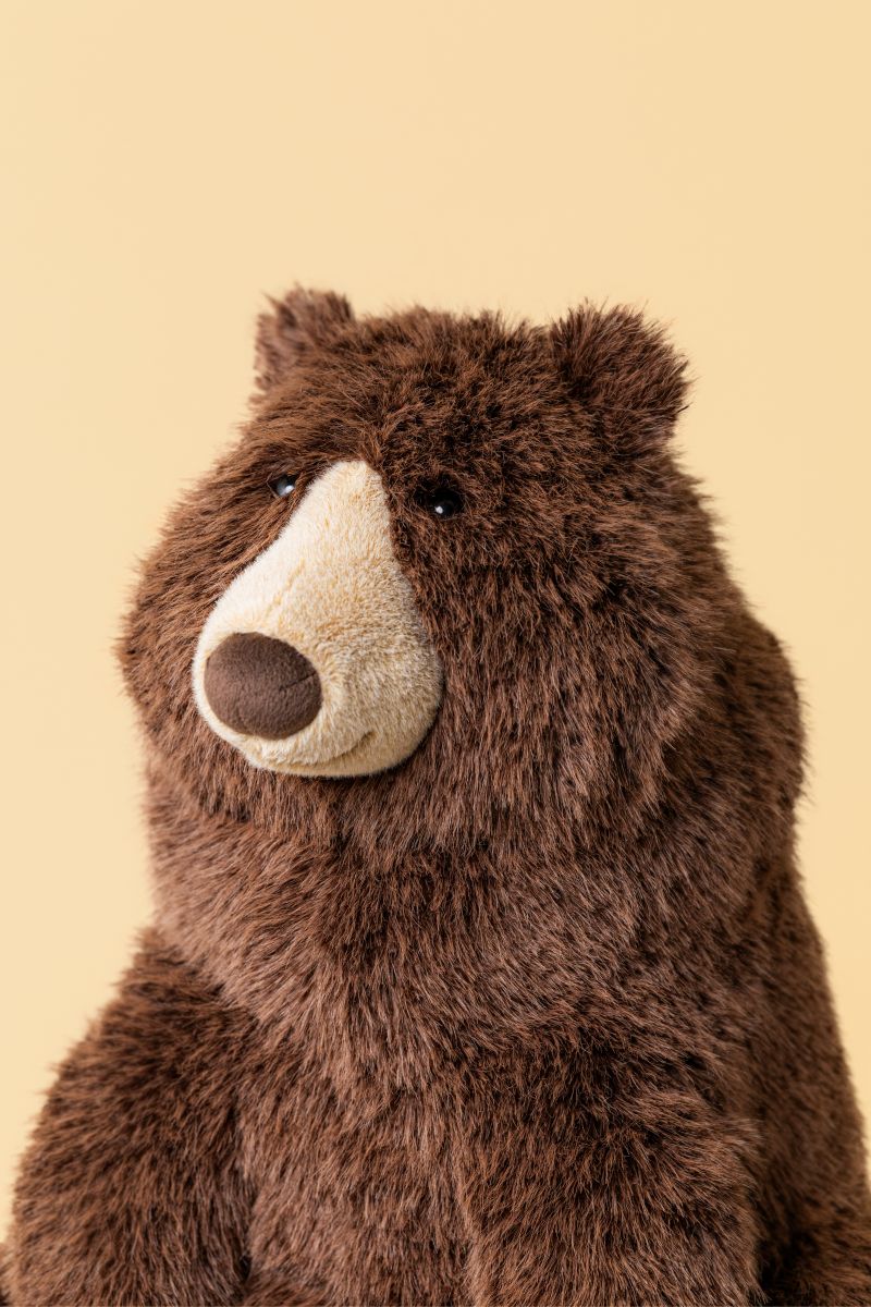 Jellycat Bizzlestomp Bear – Detailansicht von Gesicht mit heller Schnauze und Oberkörper