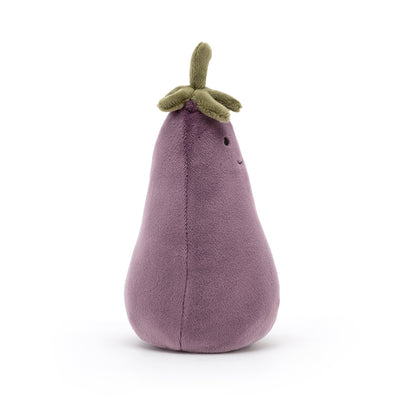 Seitenansicht: Jellycat Amuseables Aubergine – lila Kuscheltier-Aubergine mit lachendem Gesicht, schwarzen Knopfaugen und grünem Blätterkranz am oberen Ende.
