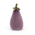 Vorderansicht: Jellycat Amuseables Aubergine – lila Kuscheltier-Aubergine mit lachendem Gesicht, schwarzen Knopfaugen und grünem Blätterkranz am oberen Ende.