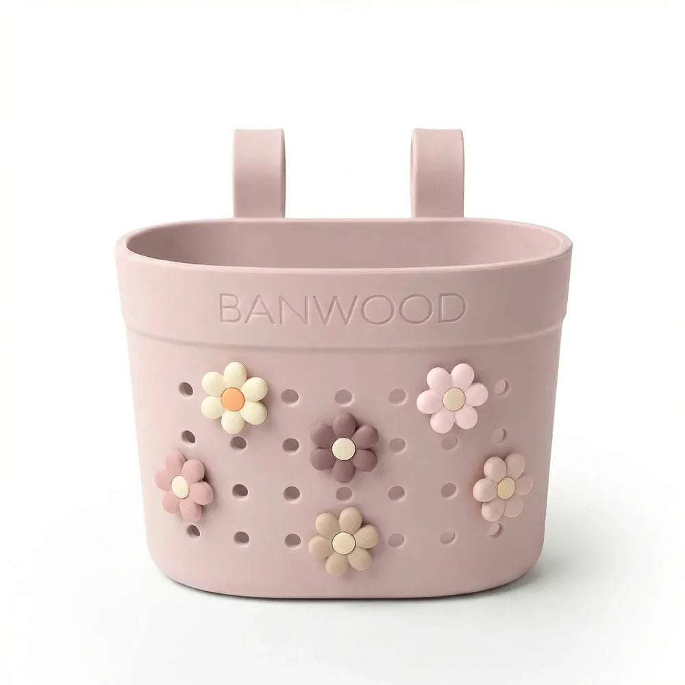 BANWOOD Blumen-Korb-Pins in verschiedenen Rosa-Tönen am PIN &amp; RIDE Fahrradkorb