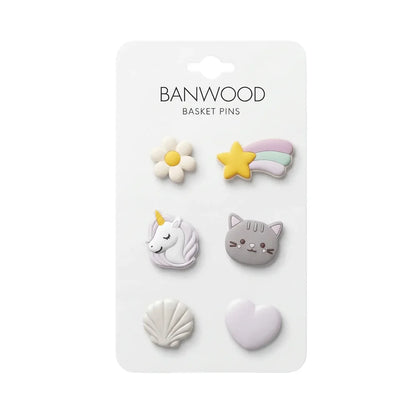BANWOOD Korb-Pins mit 6 verschiedenen Magic-Motiven: Regenbogen, Herz, Einhorn, Blume, Katze und Sternschnuppe