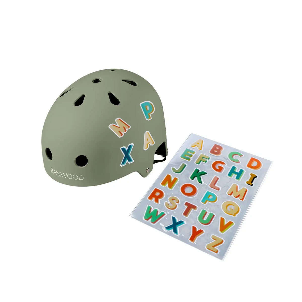 Kinderhelm mit BANWOOD reflektierenden Stickern mit bunten Buchstaben und Stickerbogen