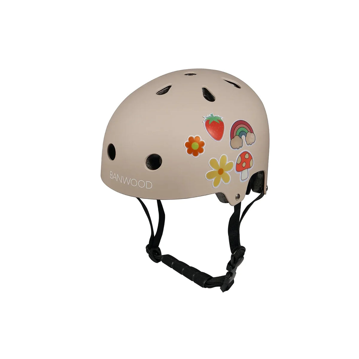 Kinderhelm mit BANWOOD reflektierenden Stickern wie Erdbeere, Blume, Fliegenpilz und Regenbogen.