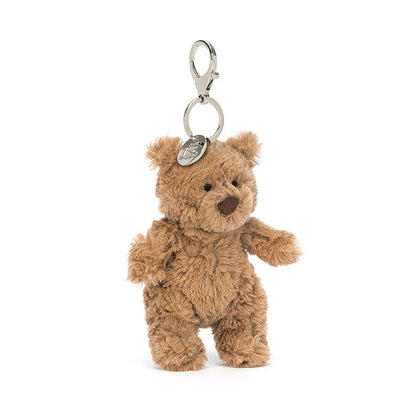 Vorderansicht: Jellycat Bartholomew Bear Bag Charm, brauner Plüschbär-Schlüsselanhänger mit süßem Gesicht