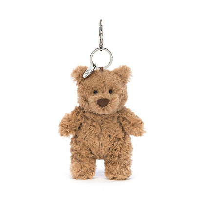 Vorderansicht: Jellycat Bartholomew Bear Bag Charm, brauner Plüschbär-Schlüsselanhänger mit süßem Gesicht