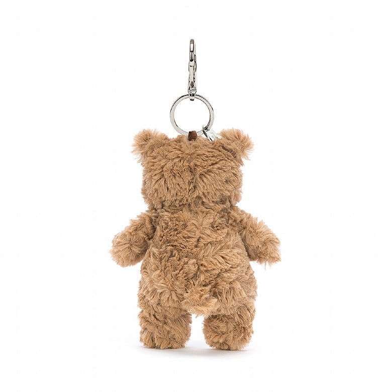 Rückansicht: Jellycat Bartholomew Bear Bag Charm, brauner Plüschbär-Schlüsselanhänger mit süßem Gesicht
