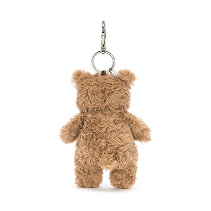 Rückansicht: Jellycat Bartholomew Bear Bag Charm, brauner Plüschbär-Schlüsselanhänger mit süßem Gesicht