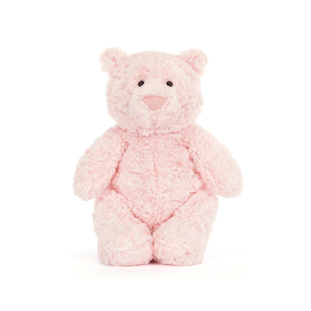 Frontansicht: Jellycat Leola Bear Medium, weicher, sitzender Kuschelbär in rosa mit kleinen schwarzen Knopfaugen