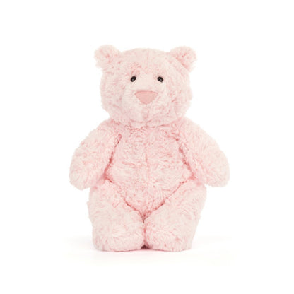 Frontansicht: Jellycat Leola Bear Medium, weicher, sitzender Kuschelbär in rosa mit kleinen schwarzen Knopfaugen