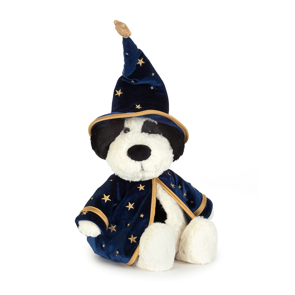 Jellycat Rufferty Puppy Wizard Plüschhund aus der Halloween-Kollektion von vorne im Zauberer-Outfit