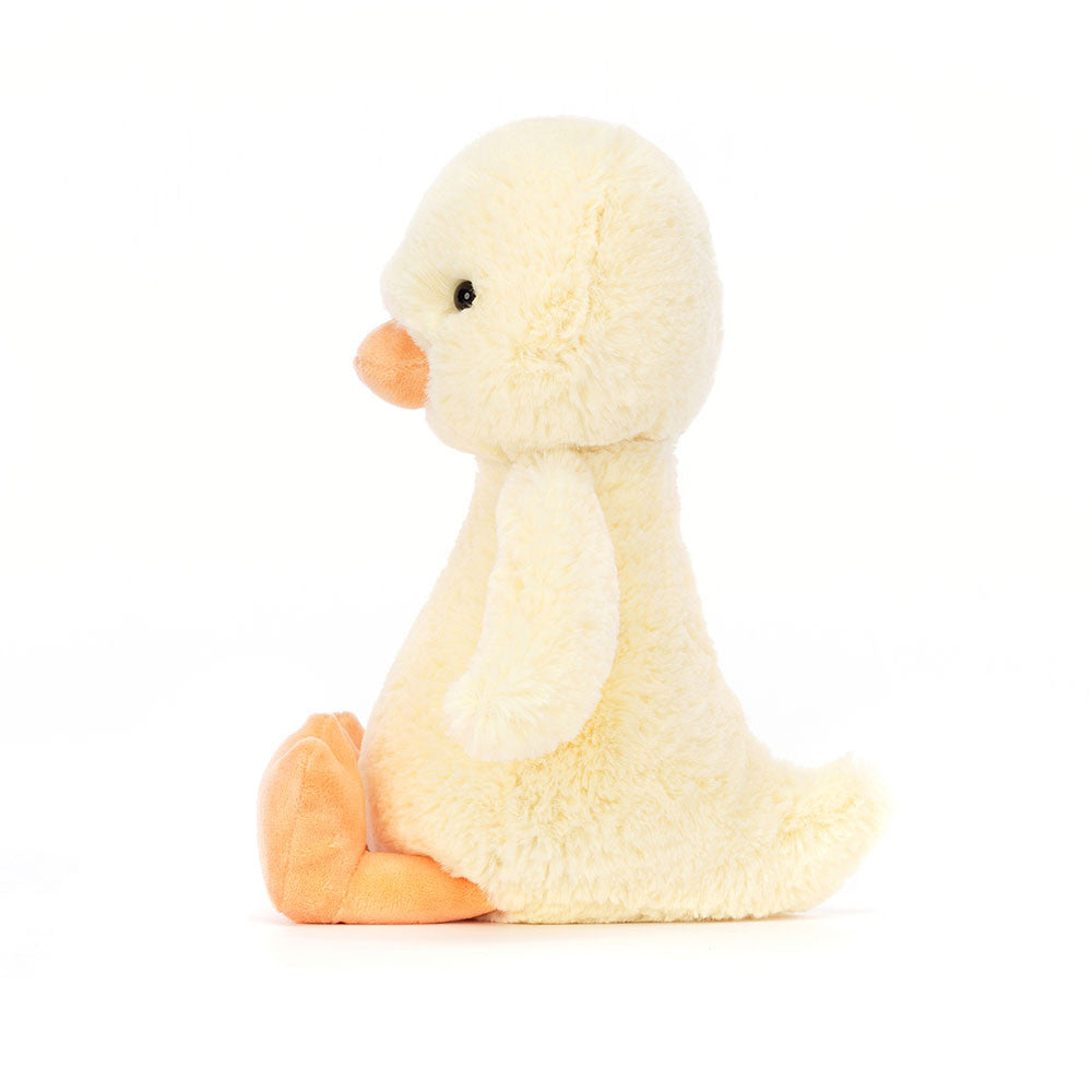 Kleine superweiche Jellycat Bashful Duckling Kuschelente mit süßem Gesicht und flauschigem gelbem Fell