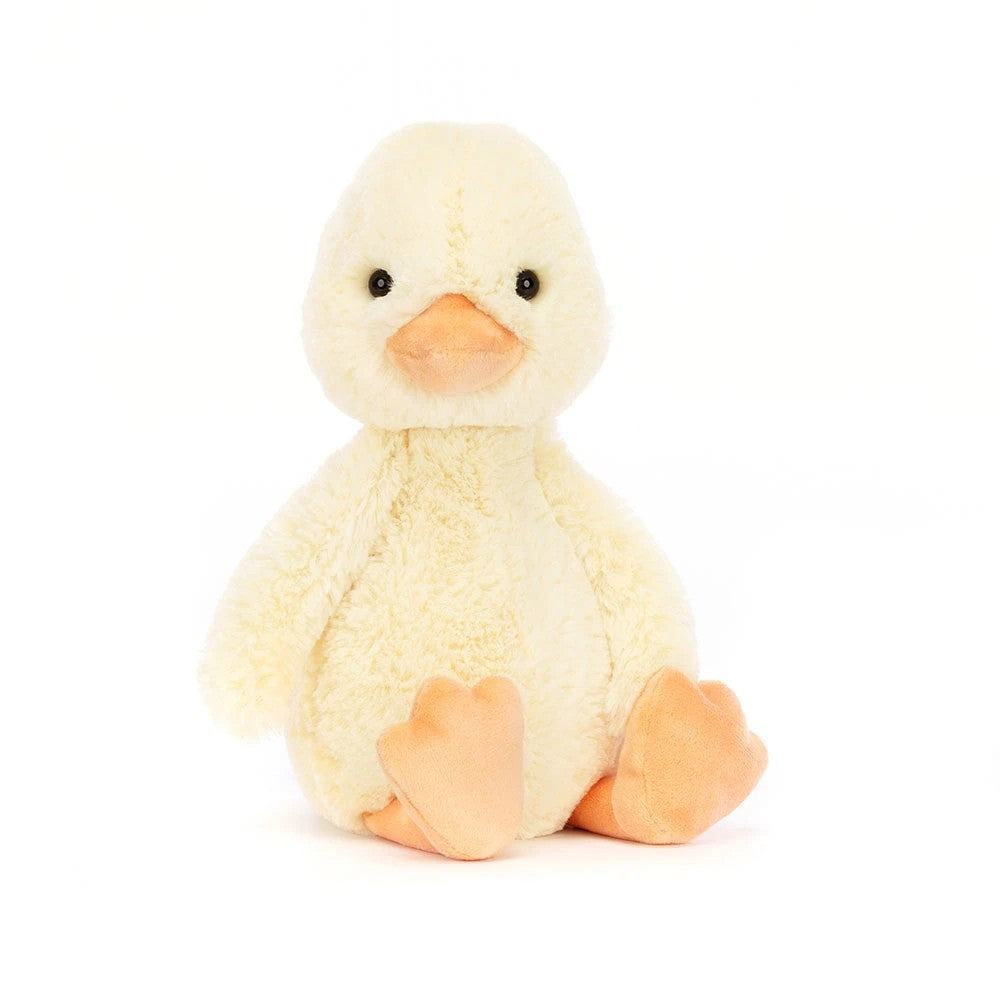 Kleine superweiche Jellycat Bashful Duckling Kuschelente mit süßem Gesicht und flauschigem gelbem Fell