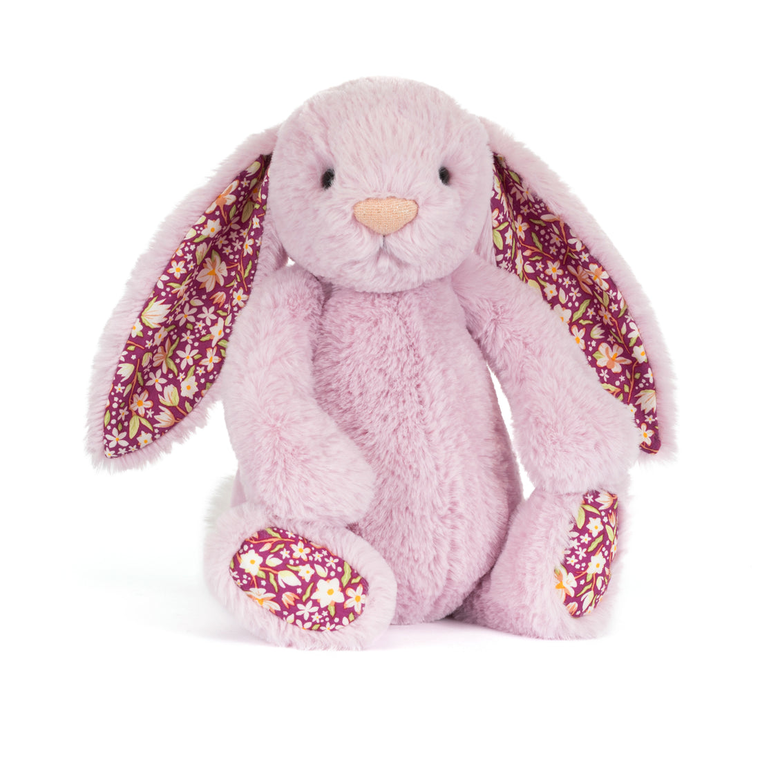 Jellycat Thistlepop Blossom Luxe Bunny, Plüsch-Hase in Flieder mit Blumen- und Pflanzenmotiven an Ohren und Füßen
