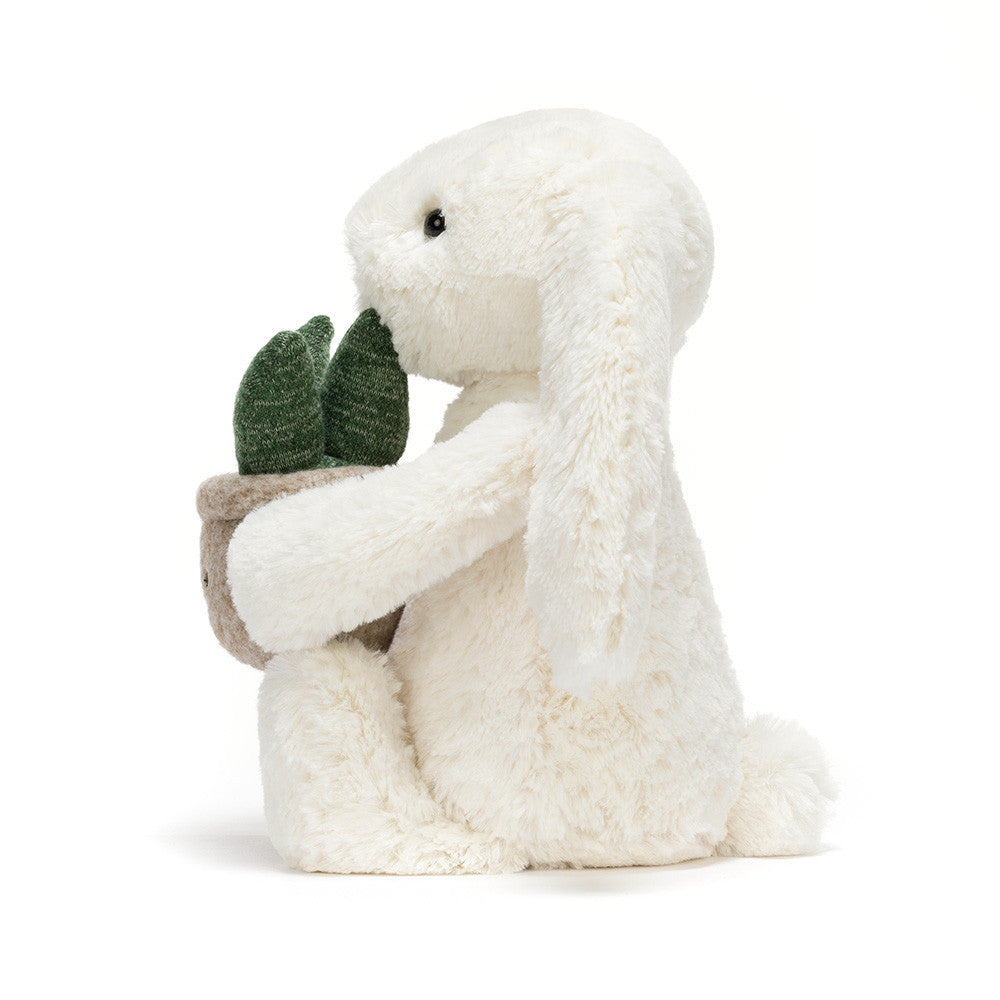 Jellycat Cream Bunny with Plant - Kuschelhase mit kleiner Topfpflanze, kuscheligem cremefarbenem Fell