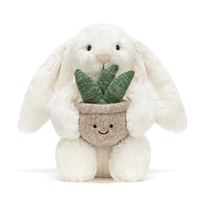 Jellycat Cream Bunny with Plant - Kuschelhase mit kleiner Topfpflanze, kuscheligem cremefarbenem Fell